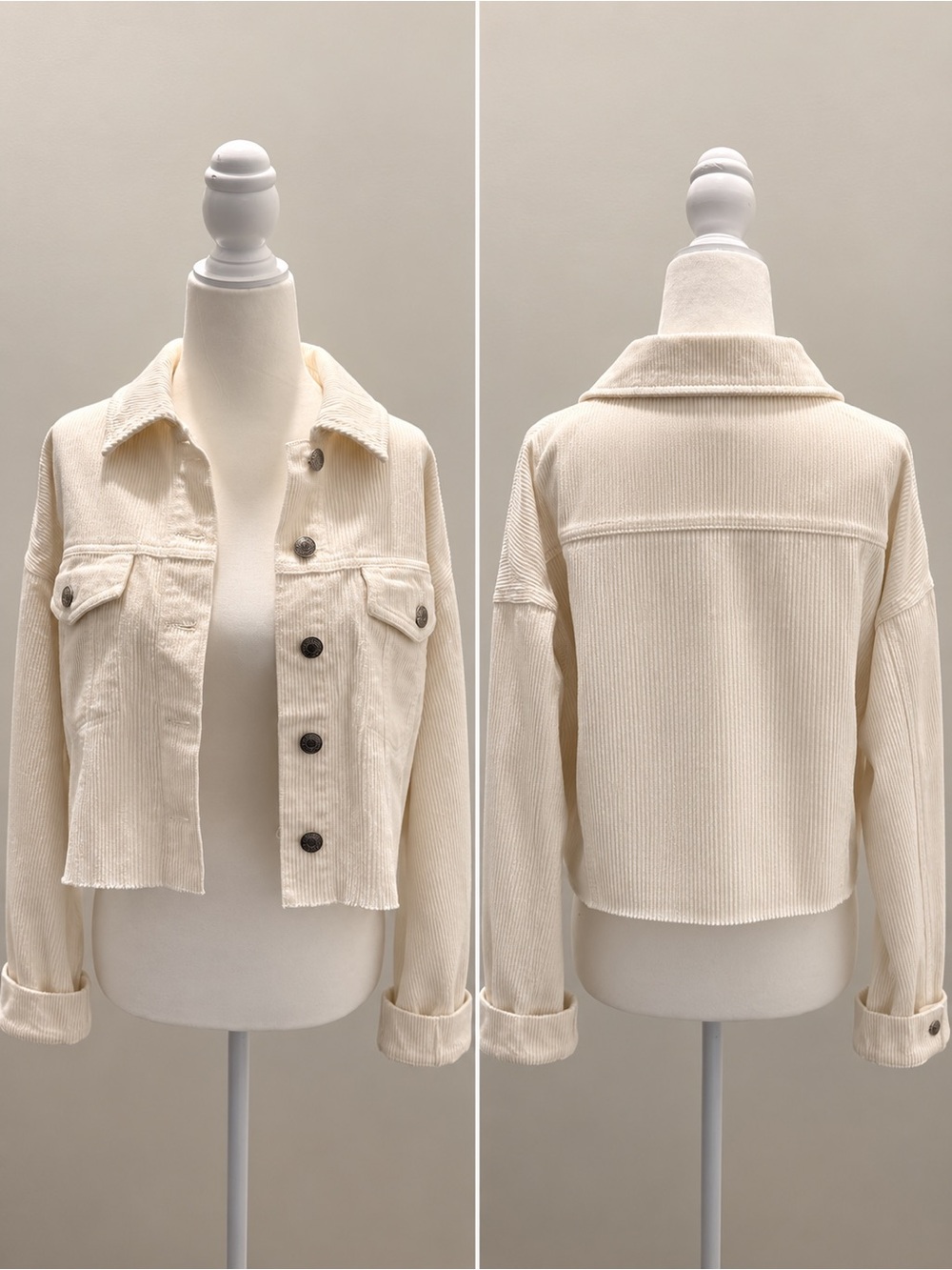 Forever 21 Cream Corduroy Cropped Jean Jacket